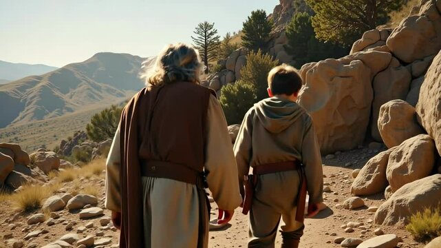 Abraham and Isaac Ascend the Mountain &ndash; Epic Biblical Journey Through Desert Wilderness
