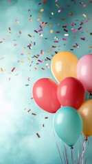 Colorful balloons with confetti against a light teal background. Festive celebration image