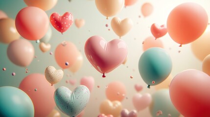 A pastel-colored celebration of floating balloons, hearts, and confetti