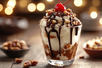 Decadent chocolate ice cream sundae with nuts and cherry