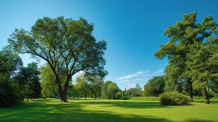 Fototapeta premium Lush Green Public Park with Trimmed Grass Under Clear Blue Sky