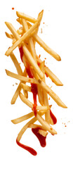 french fries with ketchup, isolated on white background.