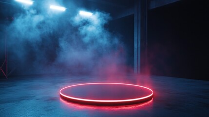 Empty circular platform, neon red glow, dark industrial scene