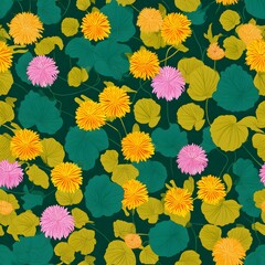 Seamless bodhi and chrysanthemum leaves pattern nature digital artwork green background top-down perspective floral design