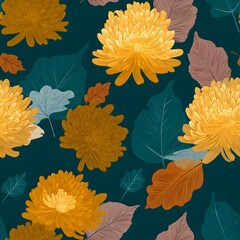 Seamless chrysanthemum and bodhi leaves pattern nature digital art floral aesthetic viewpoint artistic composition
