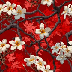 Seamless fusion of plumeria flowers and red maple leaves in thai-japanese art vibrant nature pattern decorative design