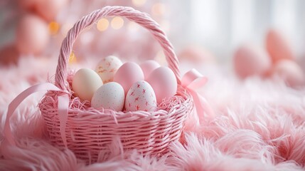 Pink Easter basket filled with pastel eggs