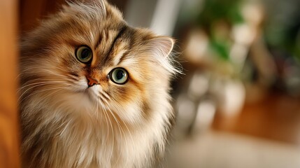 Cute cat with big green eyes peering curiously