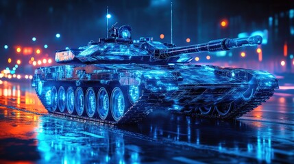 Futuristic war machine in a night city