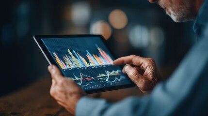 A businessman examines the data on the tablet. 