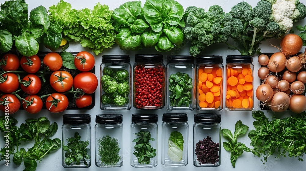 Poster fresh assortment of vegetables and herbs arranged neatly on a table with jars and eggs