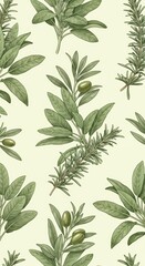 Fototapeta premium Highly detailed seamless pattern featuring intricate Sage-green botanical motifs. Includes realistic depictions of sage leaves, rosemary sprigs, and olive branches intertwined gracefully