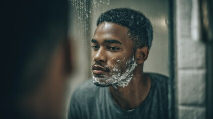 Man shaving face while looking at mirror