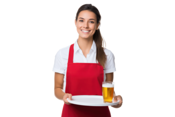 Smiling waitress in red apron serving beer on tray, isolated on transparent background