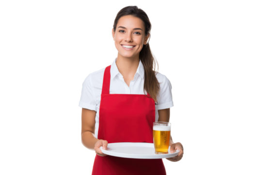 Smiling waitress in red apron serving beer on tray, isolated on transparent background - Powered by Adobe