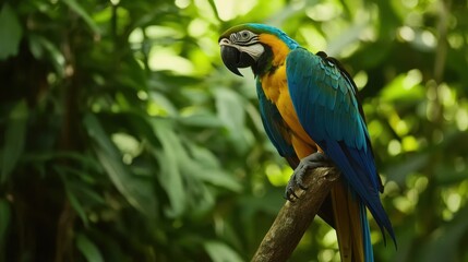 Obraz premium A vibrant Macaw parrot perched gracefully on a branch amidst the lush greenery of the jungle.