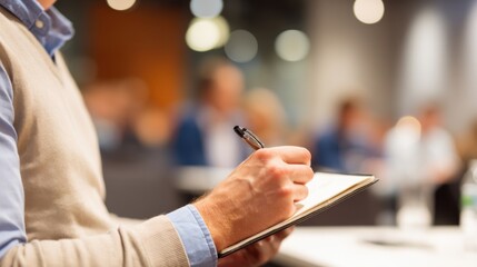 Businessman writing notes in notepad