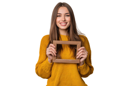 Smiling woman in yellow sweater holding wooden photo frame, isolated on transparent background