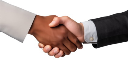 A close up of a handshake between two people with different skin tones on a space transparent background png