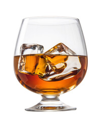 whiskey glass with ice cubes on white background
