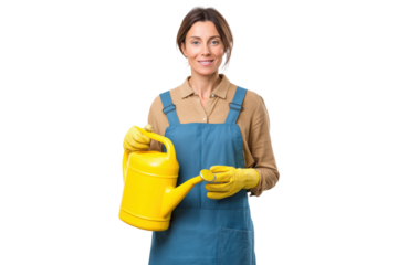 Female gardener in blue apron holding yellow watering can, isolated on transparent background