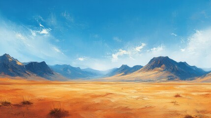 Vast, sun-drenched desert landscape stretches beneath a vibrant sky.