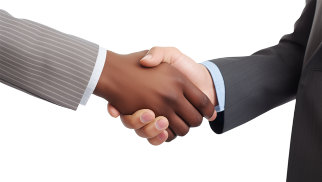 A diverse handshake between two business people wearing suits against a image shown transparent background png