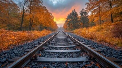 Fototapeta premium Autumnal Railroad Through Golden Forest at Sunset