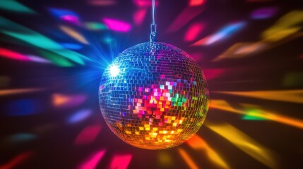 Obraz premium A vibrant scene of a light-up disco ball hanging in a beautifully lit dark night party.