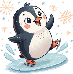 Fototapeta premium Delightful Penguin Ice Skating Cartoon Illustration Winter Fun and Holiday Cheer