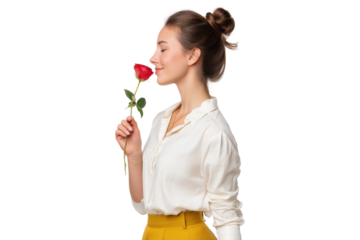 Peaceful woman in white blouse holding red rose, isolated on transparent background