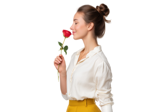 Peaceful woman in white blouse holding red rose, isolated on transparent background - Powered by Adobe