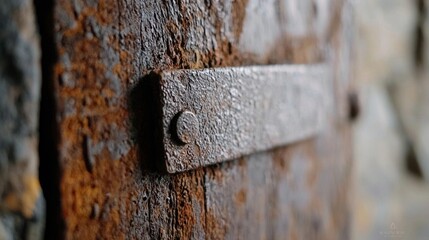 Close-up of a rusty metal plate with a small hole in the center. the plate appears to be old and weathered, with a rough texture and cracks on the surface.