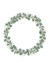 Obraz premium Delicate graphic illustration of a circular wreath composed entirely of intertwined Sage-green botanical elements, specifically featuring silver dollar eucalyptus leaves