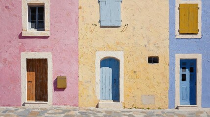 Fototapeta premium Painting of three colorful houses on a cobblestone street. the houses are painted in pastel colors - pink, yellow, and blue.