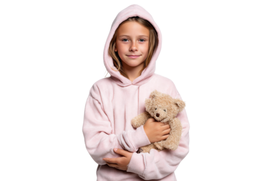 Smiling girl in pink hoodie holding teddy bear, isolated on transparent background