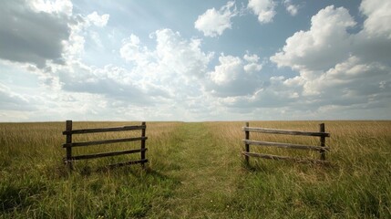 Fototapeta premium Vast field of tall grass with two wooden fences on either side. the sky is filled with white, fluffy clouds that are scattered across the blue sky.