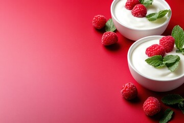 Raspberry yogurt parfaits on a red background