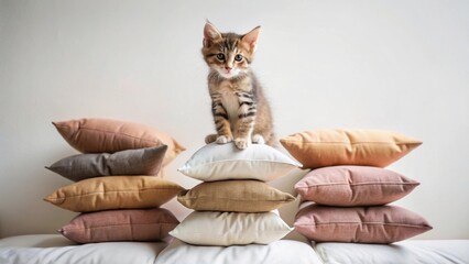 A playful kitten perched atop a stack of soft, earth-toned throw pillows in a cozy home setting.