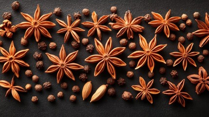 Fototapeta premium Aromatic spices arranged on dark background