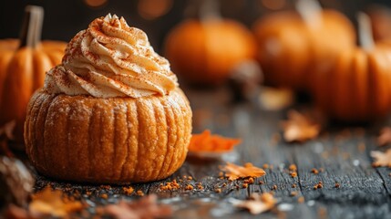 Closeup of vibrant pumpkins on rustic background with warm autumn hues
