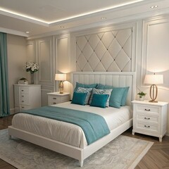 Modern bedroom interior in a comfortable home, featuring a bed with pillows and a lamp.