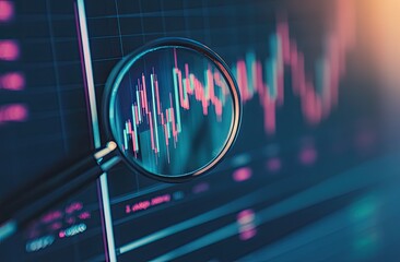 Magnifying glass focused on stock chart data on a computer screen.  Detailed chart patterns are visible under the magnifying glass, highlighting market trends