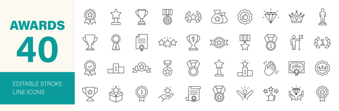Awards icon set. Containing trophy, winner, medal, winner prize, success, best, reward, champion, star, certificate, badge and more. Editable line icons. Vector illustration.