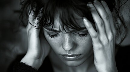 A monochrome image of a woman with her hands on her head looking down with a stressed expression