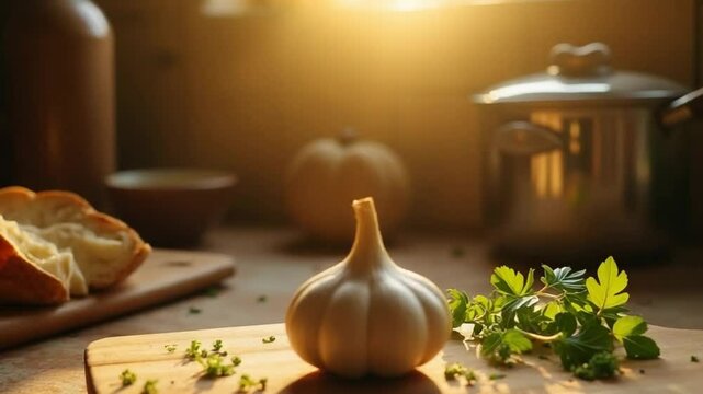 warm, rustic kitchen scene with a focus on a wooden cutting board placed on a sunlit countertop