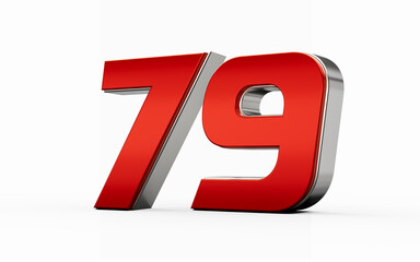 Metallic Red number 79 or Seventy nine with silver edges stands on a white background. 3d illustration