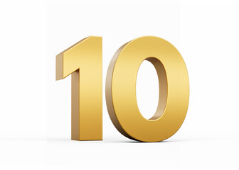3D Golden number 10 Ten isolated on white background, 3d illustration