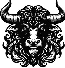 Bold Minotaur Face Symbol in Black Vector, Intimidating minotaur face logo in tribal black lines, great for tattoos, logos, or fantasy icons.