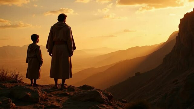 Silhouette of Abraham and Young Isaac on Mount Moriah &ndash; Low-Angle Sunrise Scene with Dramatic Lighting